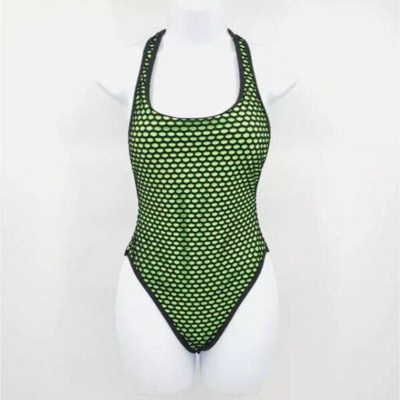 Juniors Neon Lime High Leg Mesh One Piece Swimsuit With Racerback By Xhilaration - Picture 1 of 5